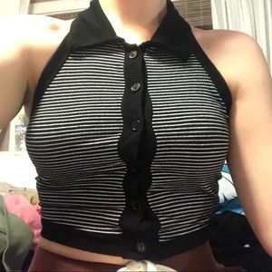 Striped button down halter crop top collared
